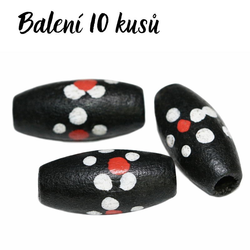 Černý oválek s květem, 15x7mm (10ks)