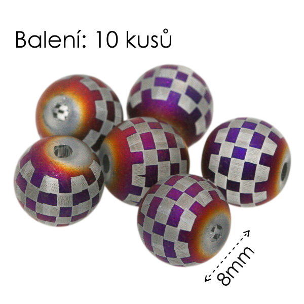 Šedé kuličky, matné s šachovnicí, 8mm (10ks)