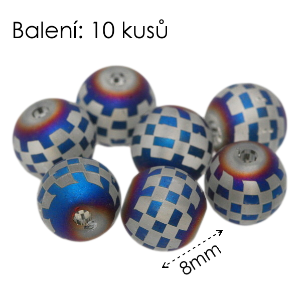 Šedé kuličky, matné s šachovnicí, 8mm (10ks)