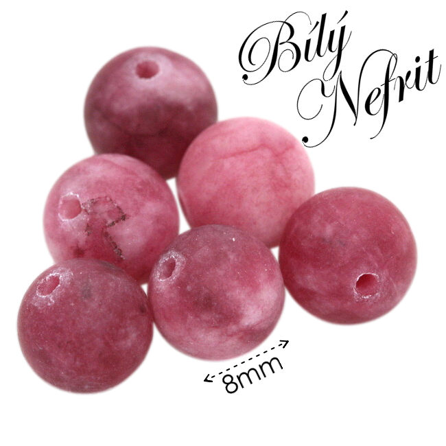 NEFRIT BÍLÝ, růžové, matné kuličky, 8mm