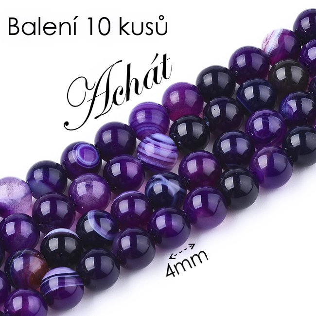 ACHÁT proužkovaný, fialový, kulička, 4mm (10ks)