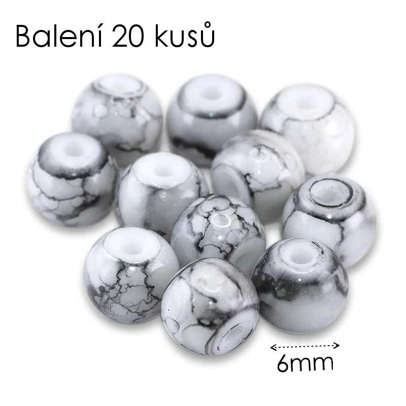 Bíločerné kuličky, batikované, 6mm (20ks)
