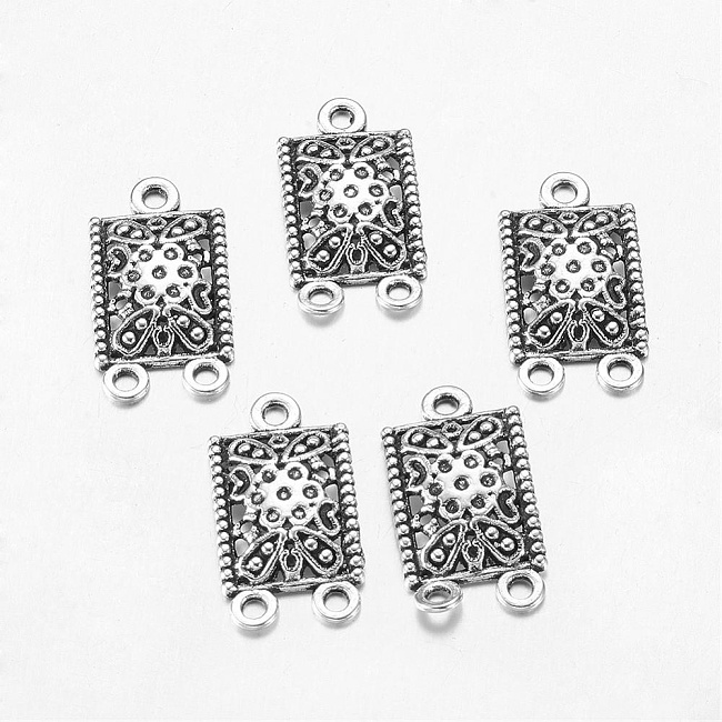 Starostříbrný obdélník s květem, 23x12mm