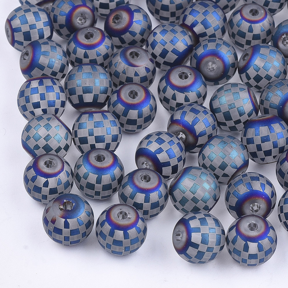 Šedé kuličky, matné s šachovnicí, 8mm (10ks)