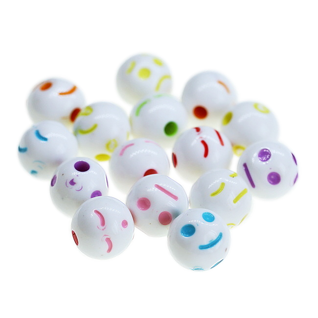 Bílo-barevné kuličky, smajlíci, 8mm (40ks)