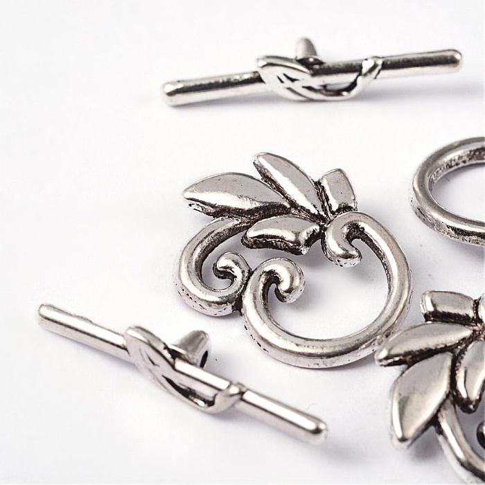 Starostříbrné zapínání s listem + tyčinka, 24x19mm