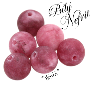 NEFRIT BÍLÝ, růžové, matné kuličky, 8mm