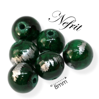 NEFRIT, zelené, stříbrně zdobené kuličky, 8mm