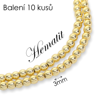 HEMATIT, kuličky pokovené, zlaté, 3mm (10ks)