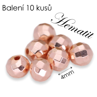 HEMATIT, kuličky pokovené, růžové zlato, plošky, 4mm (10ks)