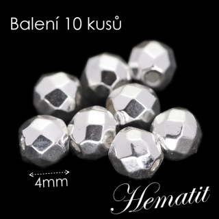HEMATIT, kuličky pokovené, stříbrné, plošky, 4mm (10ks)