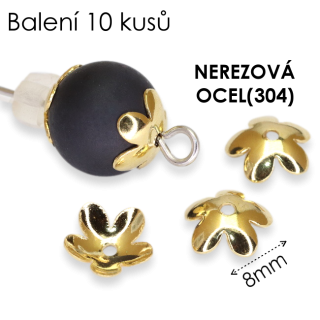Ocelové kaplíky-zlaté květy, 8mm (10ks)