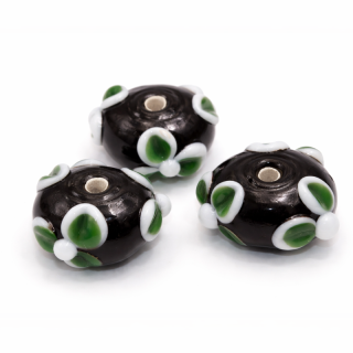 Černý disk se zelenými květy, 19x10mm
